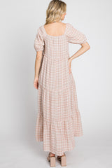 Taupe Plaid Square Neck Tiered Midi Dress