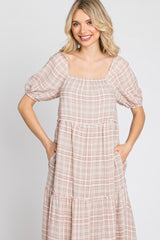 Taupe Plaid Square Neck Tiered Midi Dress