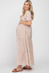 Taupe Plaid Square Neck Tiered Maternity Midi Dress