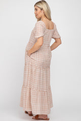 Taupe Plaid Square Neck Tiered Maternity Midi Dress