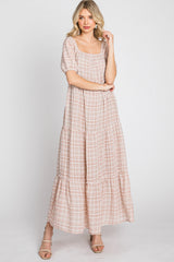 Taupe Plaid Square Neck Tiered Midi Dress