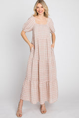 Taupe Plaid Square Neck Tiered Midi Dress