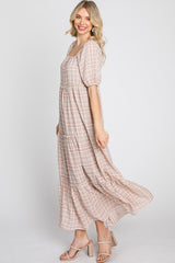 Taupe Plaid Square Neck Tiered Midi Dress