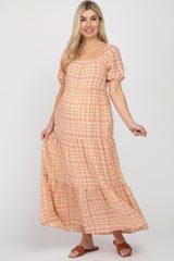 Salmon Plaid Square Neck Tiered Maternity Midi Dress