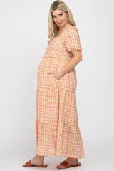 Salmon Plaid Square Neck Tiered Maternity Midi Dress