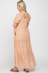 Salmon Plaid Square Neck Tiered Maternity Midi Dress