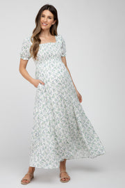 Ivory Floral Smocked Tiered Maternity Maxi Dress