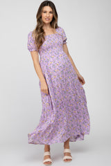 Lavender Floral Smocked Tiered Maternity Maxi Dress