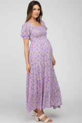 Lavender Floral Smocked Tiered Maternity Maxi Dress