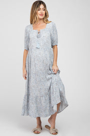 Blue Floral Square Neck Front Tie Tiered Maternity Mid Dress