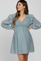 Light Blue Textured Ruffle Accent Maternity Dress