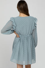 Light Blue Textured Ruffle Accent Maternity Dress