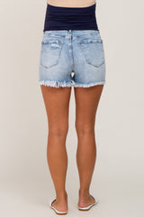 Light Blue Distressed Fringe Hem Maternity Jean Shorts