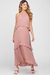 Pink Halter Neck Ruffle Accent Maternity Maxi Dress