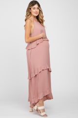 Pink Halter Neck Ruffle Accent Maternity Maxi Dress