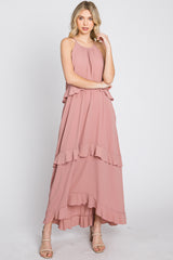 Pink Halter Neck Ruffle Accent Maternity Maxi Dress