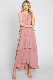 Pink Halter Neck Ruffle Accent Maxi Dress