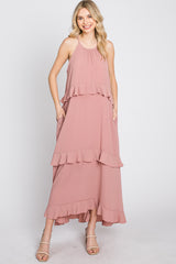 Pink Halter Neck Ruffle Accent Maxi Dress