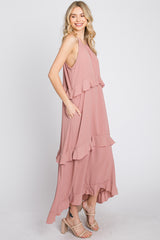 Pink Halter Neck Ruffle Accent Maxi Dress