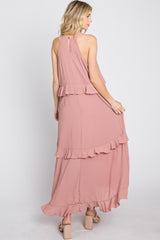 Pink Halter Neck Ruffle Accent Maxi Dress