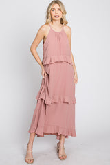 Pink Halter Neck Ruffle Accent Maxi Dress