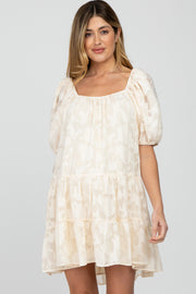 Cream Floral Burnout Puff Sleeve Maternity Dress