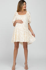 Cream Floral Burnout Puff Sleeve Maternity Dress