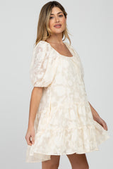 Cream Floral Burnout Puff Sleeve Maternity Dress