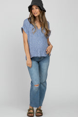 Blue Printed Collared V-Neck Maternity Top