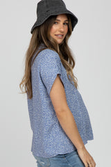 Blue Printed Collared V-Neck Maternity Top