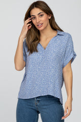 Blue Printed Collared V-Neck Top