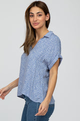 Blue Printed Collared V-Neck Top