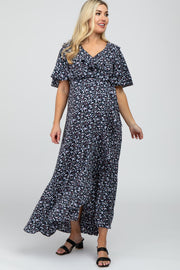 Black Floral Ruffle Wrap Hi-Low Maternity Dress