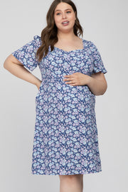 Navy Floral Sweetheart Neck Maternity Plus Dress