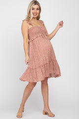 Mauve Floral Ruffle Accent Smocked Maternity Dress