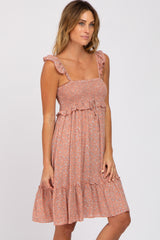 Mauve Floral Ruffle Accent Smocked Dress