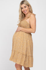 Camel Floral Ruffle Accent Smocked Maternity Dress