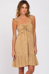 Camel Floral Ruffle Accent Smocked Dress