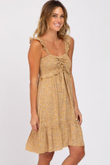 Camel Floral Ruffle Accent Smocked Dress