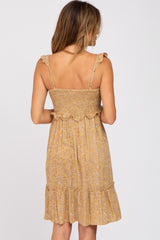 Camel Floral Ruffle Accent Smocked Dress