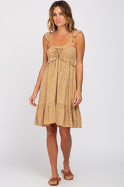 Camel Floral Ruffle Accent Smocked Dress