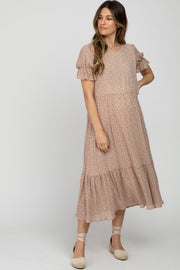 Pink Floral Pleated Chiffon Ruffle Short Sleeve Maternity Midi Dress