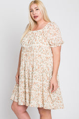 Ivory Floral Pleated Square Neck Plus Dress