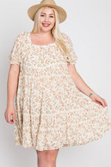 Ivory Floral Pleated Square Neck Plus Dress