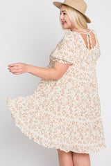 Ivory Floral Pleated Square Neck Plus Dress