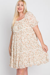 Ivory Floral Pleated Square Neck Plus Dress