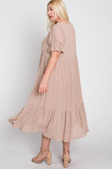 Pink Floral Pleated Chiffon Ruffle Sleeve Plus Midi Dress