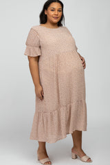 Pink Floral Pleated Chiffon Ruffle Sleeve Maternity Plus Midi Dress