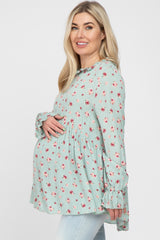 Mint Floral Ruffle Mock Neck Maternity Top