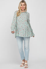 Mint Floral Ruffle Mock Neck Maternity Top